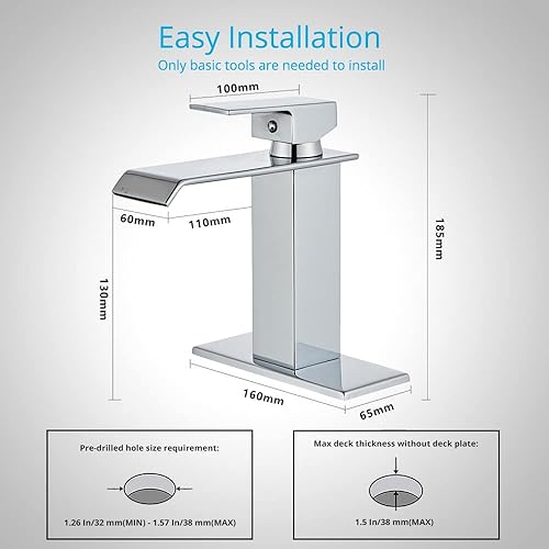 Miniatura 6 de Wovier Grifo de lavabo de baño de cascada cromado con manguera y placa de suministro,Grifo de lavabo de un solo orificio de una sola manija,Grifos