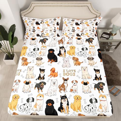 Dog Fitted Sheet with Deep Pocket Full I Love Kawaii Dogs Bedding Sets Cute Pug Corgi Shiba Puppy Fitted Bed Sheets (No Top Flat Sheet )For Kids Boys Girls Cartoon Animals Pet Bed Cover 2 Pillow Cases