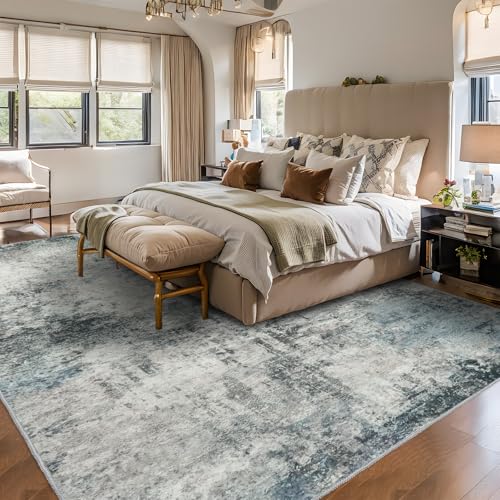 RUUGME Abstract 9x12 Washable Rug - Area Rugs for Living Room Waterproof Large Indoor Ultra Thin mat for Bedroom Stain Resistant Non-Slip Backing Distressed Soft Room Farmhouse Floor Carpet 9X12 Blue