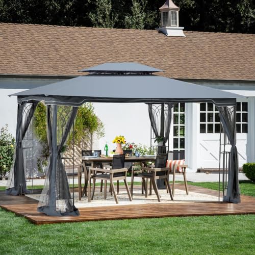 13x10 Outdoor Patio Gazebo Canopy Tent with Ventilated Double Roof and Mosquito net(Detachable Mesh Screen On All Sides),Suitable for Lawn, Garden, Backyard and Deck,Brown Top (Gray + Metal)