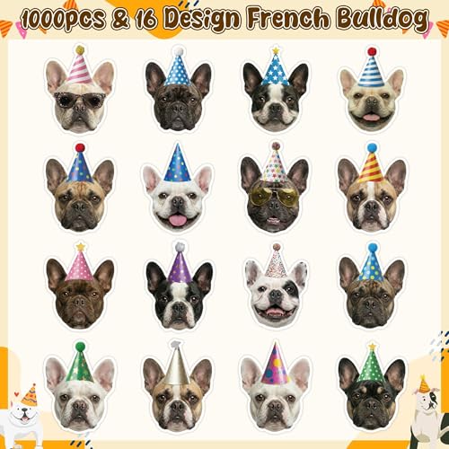 Image of Realistic French Bulldog Stickers - 1000 Pcs Bulldog Birthday Hat Design Waterproof Vinyl with Repositionable Adhesive for Pet Party Decorations Gift Wrapping Laptop Water Bottle DIY Crafts