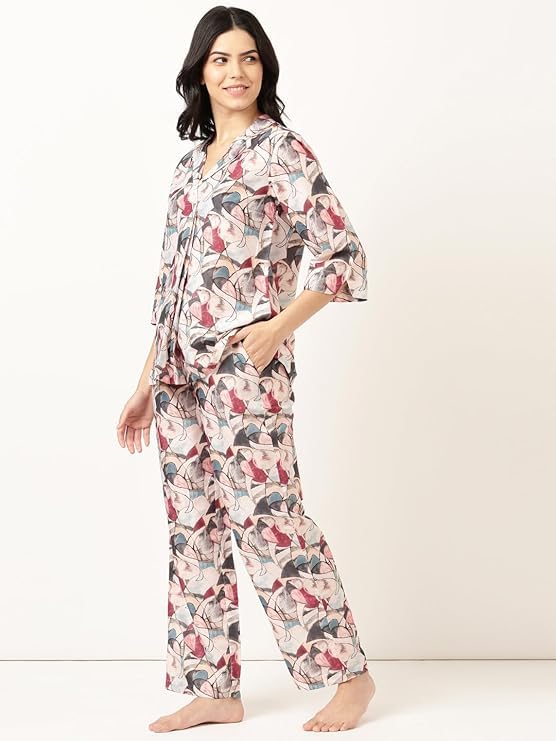 Image of STORIES OF BANNO'S SWAGGER Premium Poly Muslin Floral Co-Ord Set for Women | Soft Pajama Set | Elegant Printed Nightwear Lounge Outfit | Trendy Casual Wear Co-Ord Set