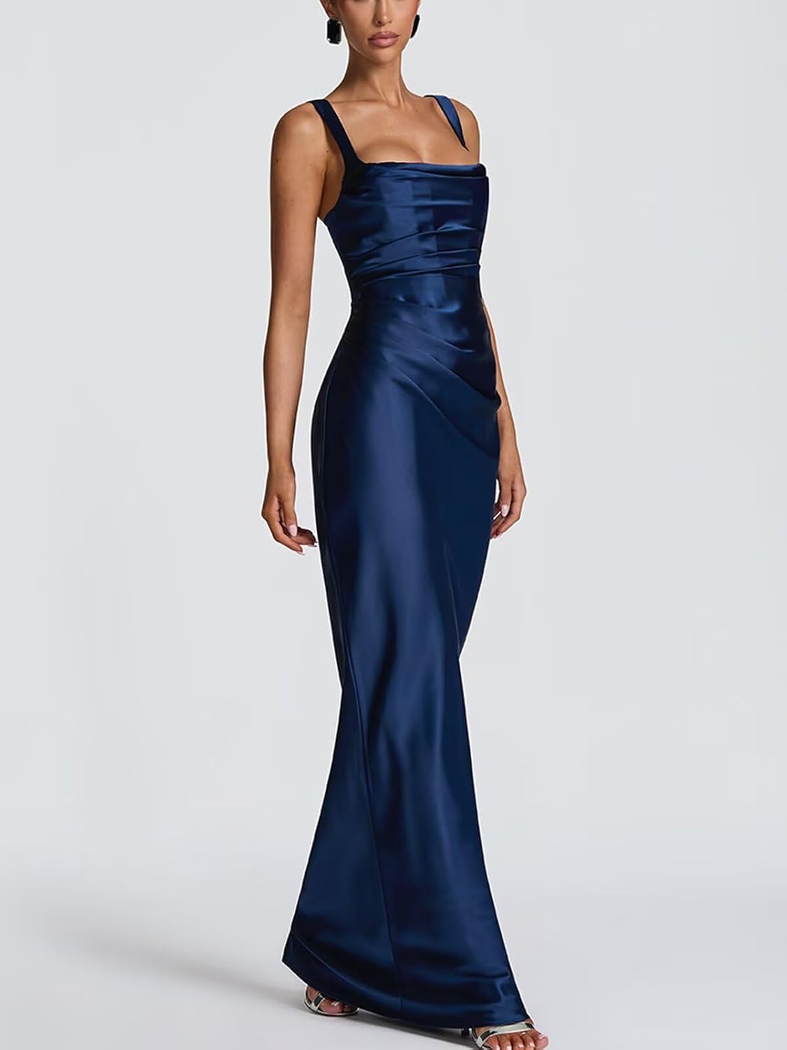 Satin Bridesmaid Dresses with Scarf Mermaid Spaghetti Straps Square Neck Pleated Long Prom Formal Dress - Image 4