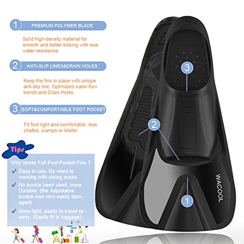 Wacool Adults Snorkeling Snorkel Scuba Diving Package Set Gear With Travel Full Foot Short Swim Pocket Fins Anti-Fog Coated Glass Silicon Mouth Piece Purge Valve And Anti-Splash (Black,Xl) #TOP5
