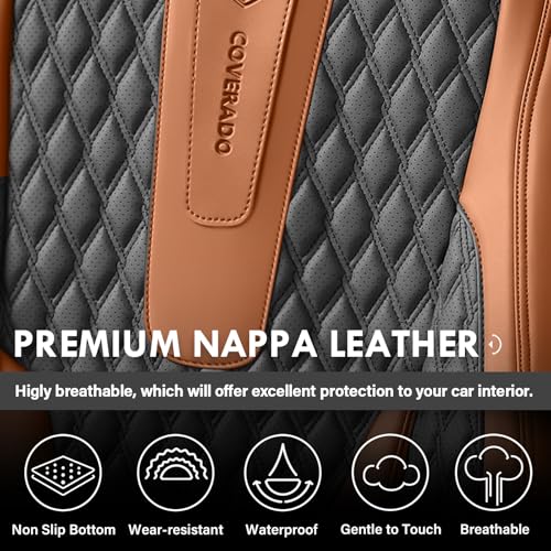Image of Coverado Front Seat Covers, Car Seat Covers Front Seats, Nappa Leather Seat Covers for Cars, Waterproof Seat Covers with Lumbar Support Universal Fit for Most Cars SUV Trucks (Front, Brown-Black)
