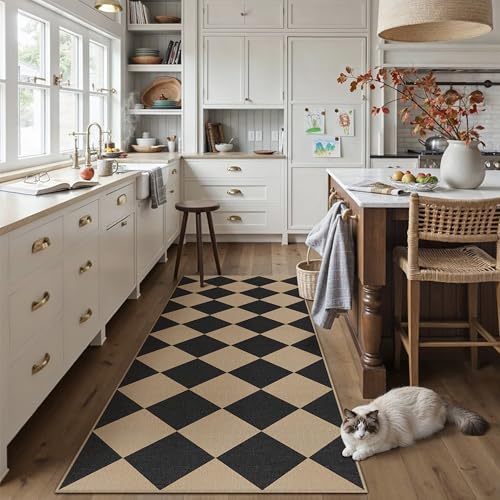 2x6 Checkered Easy Jute Runner Rug Non Slip Hallway Kitchen Washable Outdoor Rug for Entryway Indoor Checkerboard Black Indoor Outdoor Carpet for Bedside Entry Front Door Porch 2' x 6' (Runn