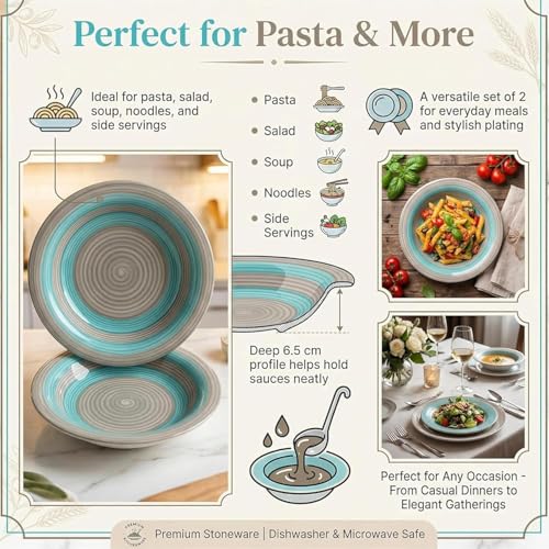 Image of Pasta Bowl Set of 2 | 7 Inch, Deep Soup & Salad Serving Plates | Microwave & Dishwasher Safe Big Bowl | Stylish Kitchen Tableware for Pasta, Soup & Everyday Dining (2, Turquoise-Grey)
