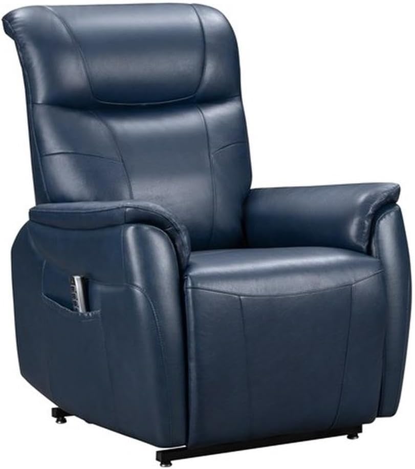 Pemberly Row Top-Grain Leather Power Lift Recliner, Marco Navy Blue Upholstery, Dual Motor Lay Flat Design, Power Headrest and Lumbar, Plush Pub Back, Handy Side Pocket, 350 lb Capacity