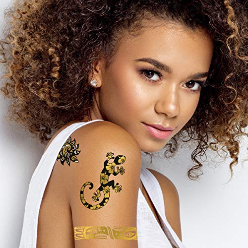 Polynesian Pack Temporary Tattoos (Pack Of 11) | Black & Metallic Gold | Tribal Turtle - Hibiscus - Gecko - Tribal Sun | Skin Safe | Made In The Usa | Removable #TOP2