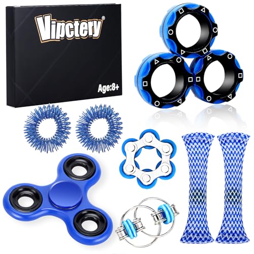 Vipctery 8Pcs Fidget Toys for Kids Easter Basket Stuffers Gifts for Teens Boys ADHD Autism Toys Adults EDC Cool Gadgets Desk Toys Fidgets for Classroom Magnetic Fidget Rings Figette Spinner