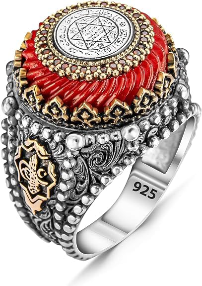 Anillo de plata de ley 925 maciza con sello de ámbar rojo de Salomón, talismán, diseño especial, amuleto turco islámico, hecho a mano