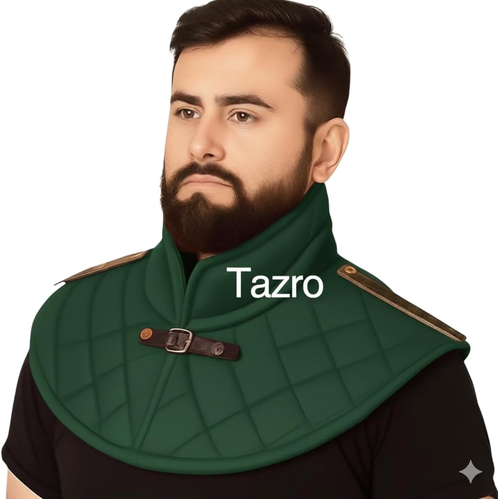 Tazro Medieval Padded Collar, Green Quilted Neck and Shoulder Armor for LARP, Cosplay, Reenactment