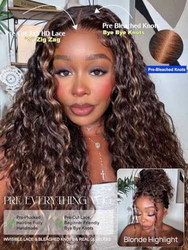 Image of Sunber Bye Bye Knots 7x5 Lace Glueless Water Wave Human Hair Wig 16Inch | Golden Brown Highlights No Slip Wet and Wave Gluless Wig 150% Density Put On Go Pre Bleached Invisible Knots