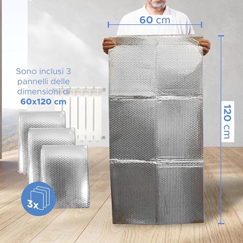 SURUS EQUIPMENT Wärmereflektierende Paneele zur Reduzierung des Wärmeverlusts im Haus, 3 Bögen à 120 x 60 cm und 18 x 3M-Klebepads zur Wandmontage