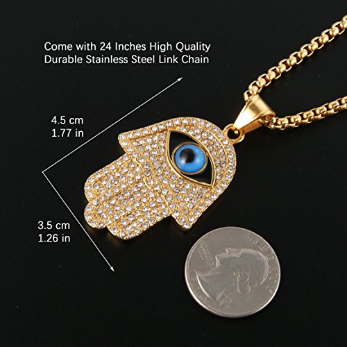 HZMAN 18k Gold Plated Iced Out CZ Stainless Steel Blue Evil Eye Beads Fatima Hamsa Hand Pendant Necklace4