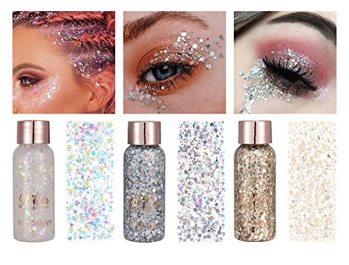 Mermaid Sequins Body Glitter, Long Lasting Chunky Holographic Face Glitter Gel, Sparkling Liquid Eyeshdow Loose Glitter Cream Set For Lip Hair Nail Festival Makeup 3 * 30G, (White+Silver+Champagne) #TOP2