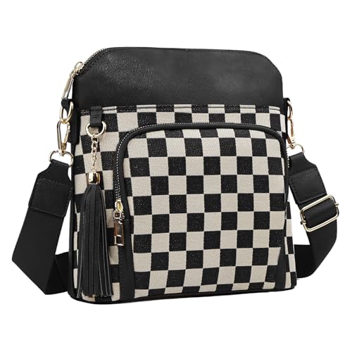 HTU Bolso bandolera de PU a cuadros para mujer Bolso de hombro retro para viajes de trabajo (negro)
