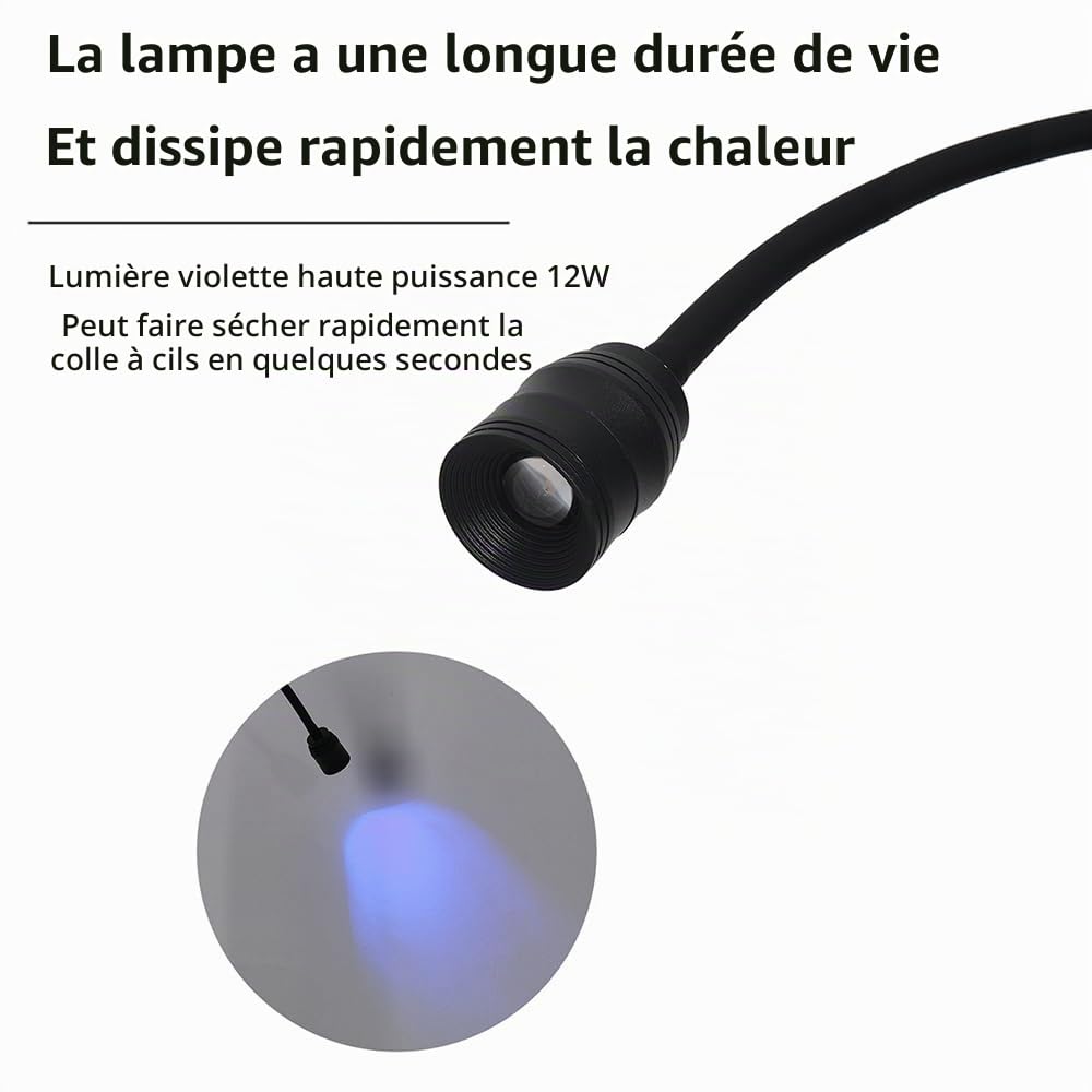 Lampe UV à Cils, Lumière LED UV 10W Pour Photopolymérisation Lumière Extensions Cils, Lampe à Cils à Col de Cygne, Taille De Spot RéGlable, Colle Durcie En 1-3 Secondes,noir