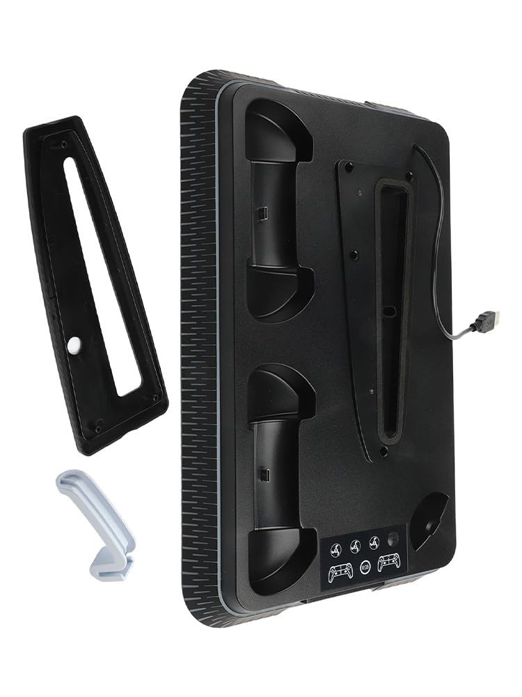 Supporto di raffreddamento verticale per PS5 Pro e Slim, stazione di ricarica con doppie porte per controller, supporto console ABS con ventola, accessorio per gioco salvaspazio, bianco
