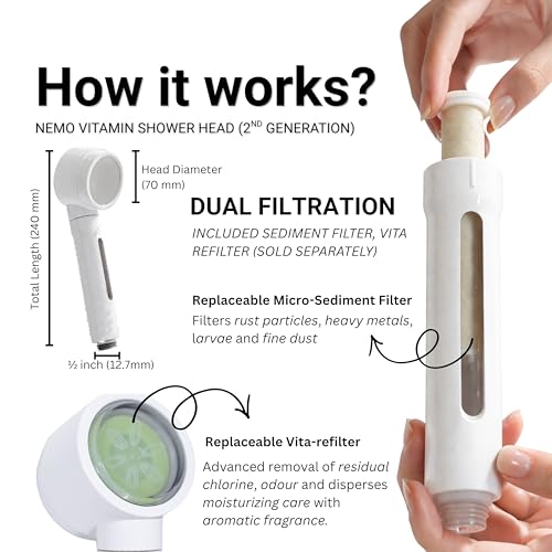 Image of NEMO Vitamin Hand Shower with Filter | Made in South Korea | Aromatherapy | Dual filtration for cleaner shower water, helps reduce residual chlorine and trap rust, heavy metals, larvae & microplastics