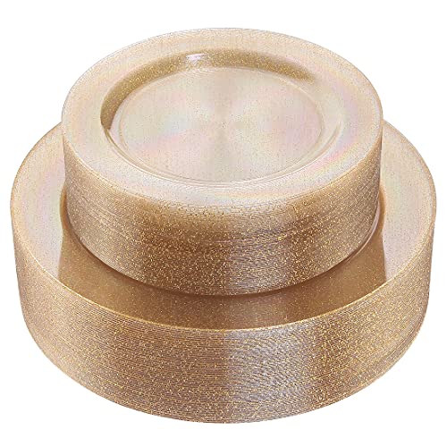 I00000 102 Pieces Gold Glitter Plastic Plates, Premium Disposable Plates, Gold Disposable Plates Includes: 51 Dinner Plates 10.25 Inch and 51 Salad/Dessert Plates 7.5 Inch