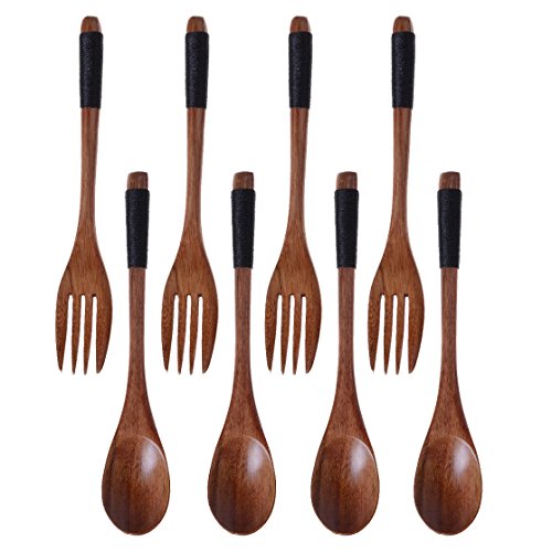 Bloomeet 4 Pairs Japanese Style Spoon Fork Eco Friendly Handmade Tied Line Wooden Spoons Forks Set Reusable Utensils Tableware (Black tied line)