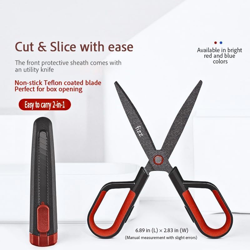 Scissors with Utility ExoKnife Cap, 6.9", Sharp Non-Stick Coated Blades for Office, Craft & Home Use, Stainless Steel Blades (Red)
