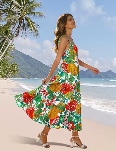Image of YESNO Summer Bohemian Floral Dresses for Women Spaghetti Straps Maxi Dress Casual Flowy Dresses with Pockets ES0
