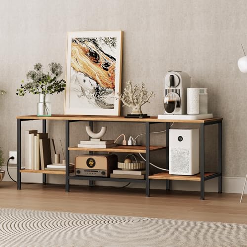 Image of HOOBRO TV Stand with Power Outlets to 65 Inches, TV Console Table with Open Storage Shelves, Industrial Media Entertainment Center for Living Room Bedroom, Rustic Brown and Black BF40DS01