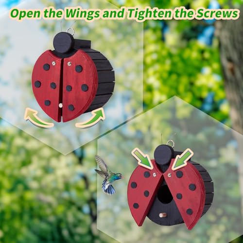 CLACKIBUKVYZ Ladybug-Shaped Wooden Bird House for Outside - Cute Hanging Birdhouse for Finches, Wrens, Cardinals, Bluebirds - Weather-Resistant Wild Bird Nesting Box - Garden Decor & Wildlife Habitat