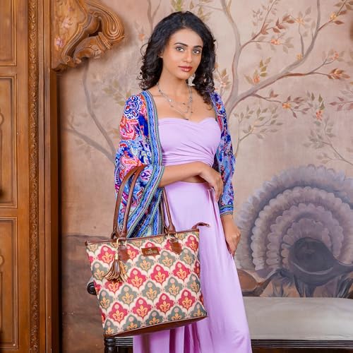 Image of THE CLOWNFISH Aviva Printed Handicraft Fabric Handbag for Women Office Bag Ladies Shoulder Bag Tote for Women College Girls (Pink-Rangoli Design)