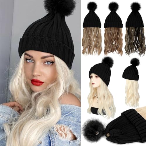 Qlenkay Beanie with 14'' Hair Extention Curly Wavy Wig Hat Rib Knit Cap Attached Synthetic Hairpiece Detachable Pom for Winter Women Ginger Brown Mix Bleach Blonde