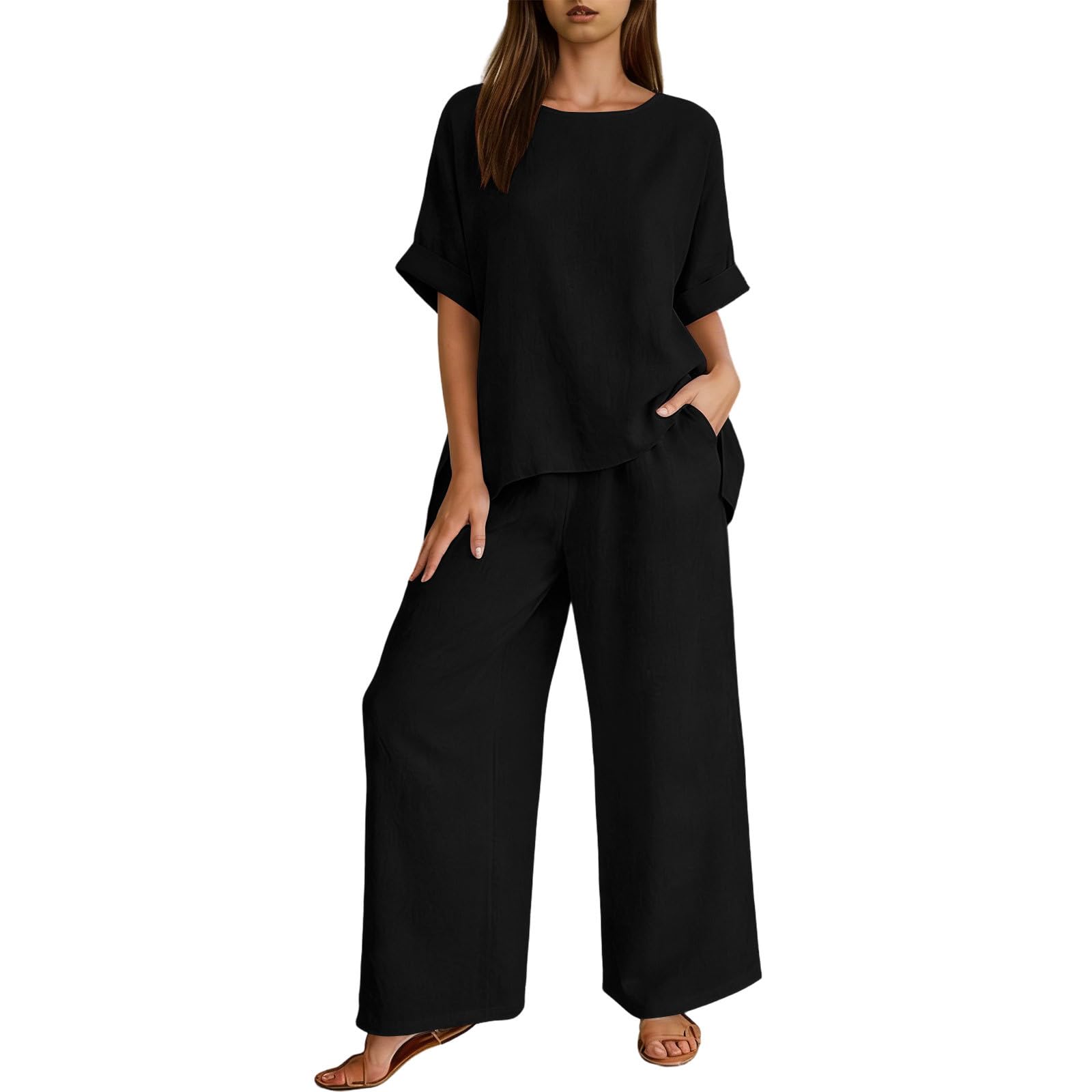 Ybing Leinenanzug Damen 2 Teiler Tracksuit Musselin Tshirt und Weite Bein Leinenhose Zweiteiliges Lose Baumwolle Leinen Sportanzug Leichte Loungewear Set Casual Sommer Outfit Freizeitanzug Homewear