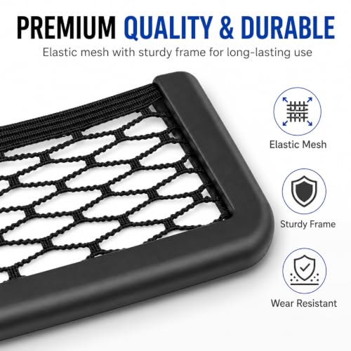 Image of Mshine Car Seat Side Mesh Pocket Net Bag Holder | Stick-On Adhesive Interior Storage Solution for Purse Phone Accessories | Durable Elastic Mesh Organizer for Vehicle Seat Gaps | Pack of 4