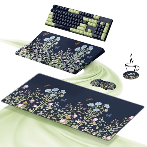 Ospelelf Keyboard Wrist Rest Stand Pad and Ergonomic Mouse Pad Set with Large Mousepad, Memory Foam Comfort, Premium Office Desk Accessories for Pain Relief, Moonlit Blossoms