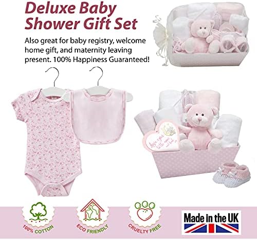 Newborn Baby Girl Keepsake Box - Pink, Hand Packed and Wrapped in Chiffon This Hamper Includes a Cute Teddy Bear, Knitted Booties, Bodysuit, Bib, Hat, Blanket, Hooded Towel and Hanging Plaque