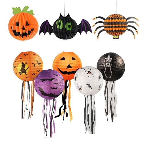 HORREX 8 Piezas Farolillos Halloween, Linterna Halloween Murciélagos Linterna de Calabaza Decorativos, Escena Accesorios Festivos, Interior Farol Colgantes para Jardín Fiesta Dormitorio