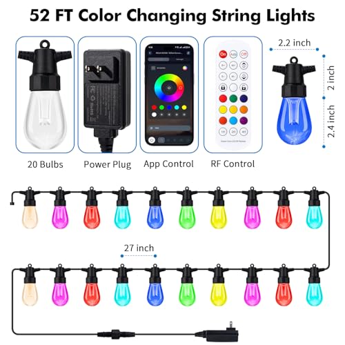 Outdoor String Lights Waterproof Patio Lights 52FT 20 RGBW Dimmable LED Bulbs, APP & Remote Control, Shatterproof Hanging Color Changing Lights for Outside Backyard Party Porch Balcony (52FT) by TviewSmart - Image 3
