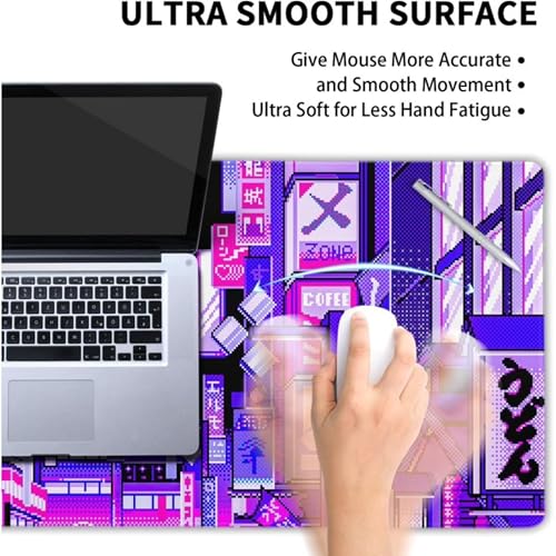 Image of Printed Gaming Mousepad - Premium Stitched Edges, Smooth Surface,Size 11x23 inches, Non-Slip Rubber Base - Ideal for Office & Gaming Setup (Dark Purple Tokyo Street Pixel)