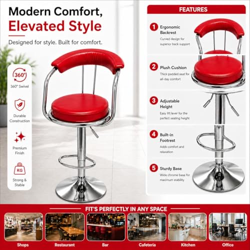 Image of Kemon Modern Adjustable Swivel Bar Stool Chair with Backrest, PU Leather Hydraulic Counter Stool with Footrest for Kitchen Island, Cafe & Home Bar (1, Red, Round Barrel Stool)