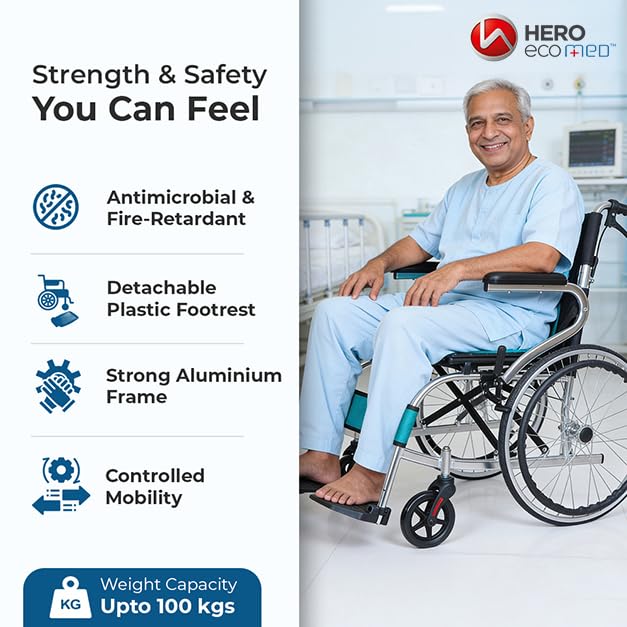 Image of Hero Ecomed Winn 203 L | Lightweight Manual Aluminium Wheelchair | Foldable Frame | Flippable Backrest | Propelling Ring | Easy Portable Wheelchair For Patients & Elderly | 100 kg Capacity