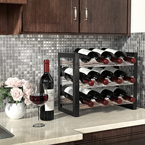Jackcube Design Wine Rack Freestanding Floor 3 Tier Stackable 12 Wine Bottle Holder Storage Racks Countertop, Liquor Shelf Stand (Rustic Wood And Black Metal Frame)- Mk521A #TOP1