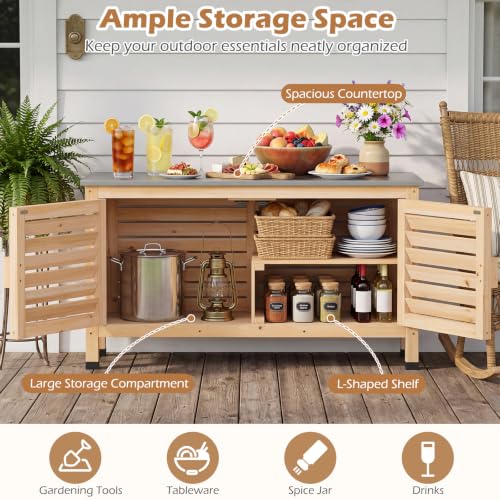 Image of Tangkula Wood Outdoor Storage Cabinet with Stainless Steel Countertop, Gray