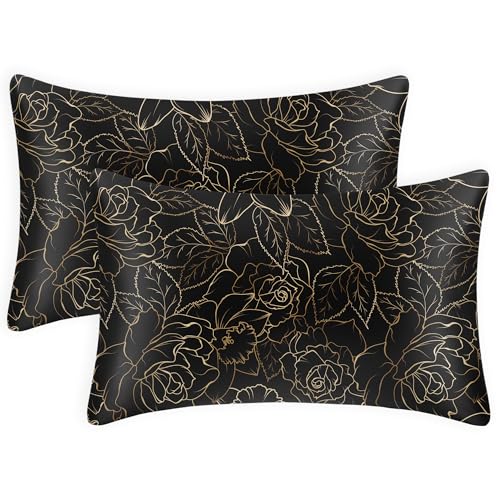 EXQ Home Satin Pillowcase for Hair and Skin- Rose on Black Silk Pillowcase 2 Pack 20x26 inches - Standard Size Pillow Cases with Envelope Closure, Gifts for Women