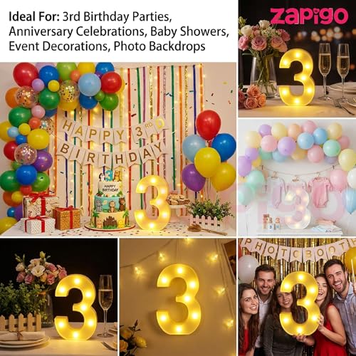 Image of Balloonistics LED Marquee Number 3 Light - 9-Inch Cordless Battery-Operated Warm White Light Up Number Sign for 3rd Birthday, Anniversary, Wedding, Party Decoration, Photo Booth Backdrop