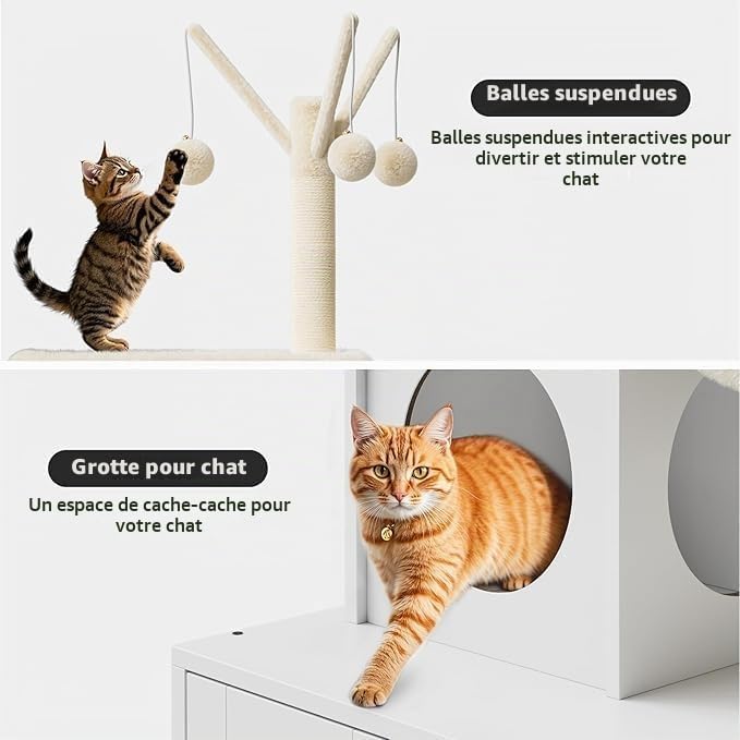 Arbre à Chat avec Meuble Litiere Chat, 140cm Armoire Litiere pour Chat, Niche,Tour de Jeu, Griffoir avec Maison de Toilette, 2 Grandes Plateformes, Balles Suspendues, Blanc