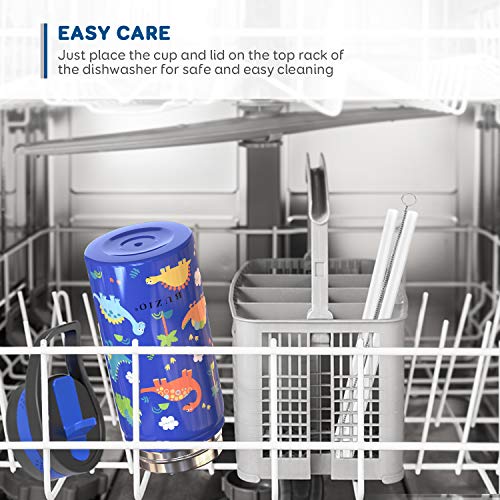 Buzio Insulated Water Bottle For Kids, Modern Vacuum Insulated Hydro Bottle With 2 Straw Lids, 14Oz Double Walled Wide Mouth Sports Drink Flask With Blue Dinosaur Park, Simple Thermo Canteen Mug Cup #TOP5