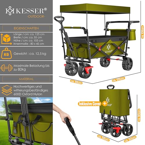 KESSER® Bollerwagen faltbar GT9000 mit Dach Handwagen Transportwagen | inkl. 2X 3-Punkt Gurtsystem| klappbar | Vollgummi-Reifen | bis 80 kg | Vorder- und Hinter-Bremse | + Tragetasche, Khaki – Bild 5