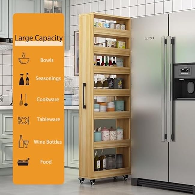 72.4in Rolling Spice Rack Next to Fridge Slim Kitchen Storage Cabinet 7-Tier Tall Pantry Cabinet Lightweight Storage Cart Thickened Plate for Dining Room Restaurant(Natural,7.9Wx21.7Dx72.4H)-D2qX7pjy