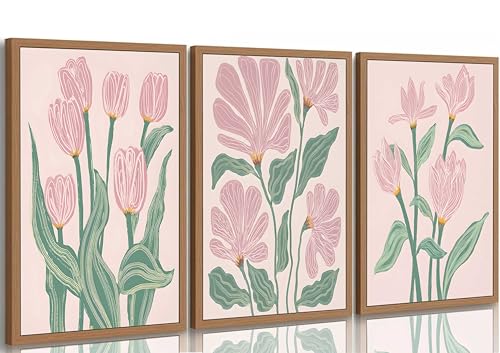 hijyord 3 Pcs Pink Tulips Flowers Canvas Wall Art 12x16in Unframed